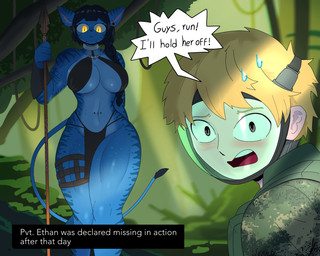 alternate_species anthro athletic athletic_anthro athletic_female black_hair blue_breasts blue_ears blue_legs blue_tail blush bodily_fluids breasts duo female fingers furrification hair holding_melee_weapon holding_object holding_polearm holding_spear holding_weapon melee_weapon navel navel_piercing piercing polearm quads spear sweat tail teeth text thick_thighs tongue under_boob weapon yellow_eyes arzy_parzy james_cameron's_avatar alien felid feline human mammal na'vi 5:4 english_text hi_res