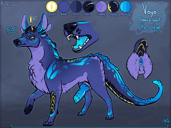 animal_genitalia anus balls blue_body blue_fur blue_penis butt countershade_balls countershade_butt countershade_genitalia countershade_neck countershade_torso countershading cutaway erection feral fur genitals knot knotted_penis male male_feral multi_ear multi_eye open_mouth pawpads penis purple_body purple_fur raised_tail sheath solo standing tail teeth text tongue yellow_body meldritchhorror voyo_(limni) alien 2018 4:3 absurd_res english_text hi_res model_sheet