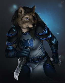 anthro armor biped blue_eyes claws clothed clothing dagger eye_patch eyewear female fur hair melee_weapon notched_ear pose scar simple_background solo standing weapon barn-swallow blizzard_entertainment warcraft canid mammal werecanid werecreature worgen