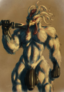 anthro balls big_balls big_penis flaccid genitals holding_object holding_weapon male melee_weapon muscular muscular_anthro muscular_male nude penis solo sword weapon shybird project_windless avian bird chicken galliform phasianid absurd_res hi_res