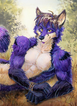 anthro arm_tuft black_nose blep brown_hair cheek_tuft closed_smile countershading facial_tuft front_view fur glistening glistening_eyes hair looking_at_viewer lying male messy_hair mouth_closed neck_tuft nude on_side orange_eyes outside plant purple_body purple_fur short_hair shrub smile solo tongue tongue_out tuft unsigned white_body white_fur akatan_art canid canine fox mammal traditional_media_(artwork)