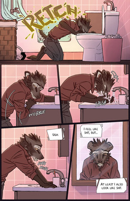 anthro barefoot bathroom bathtub biped brown_eyes brush clothed clothed_anthro clothing container cup feet fur grey_body grey_fur head_tuft inner_monologue kneeling kneeling_on_ground looking_at_reflection looking_at_self male mirror mirror_reflection motion_lines pointy_ears prick_ears reflection sink snout solo tear_trough text text_box thinking toothbrush trash_can tuft tusks vomiting washing_face yellow_sclera falco_works pen_(falco_works) cervine deer mammal tufted_deer 2026 comic digital_media_(artwork) english_text hi_res