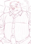 anthro blush clothing cute_fangs erection fangs genitals humanoid_genitalia humanoid_penis kemono lying male overweight overweight_anthro overweight_male penis pillow shirt solo teeth topwear ryuta-h third-party_edit bear mammal censor_removal_edit