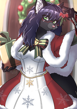 anthro christmas_clothing clothed clothing dress eyewear female gift glasses hair holidays looking_at_viewer mistletoe plant smile solo hi_imchief christmas steea_(cris79x) canid canine canis domestic_dog humanoid mammal absurd_res digital_media_(artwork) hi_res