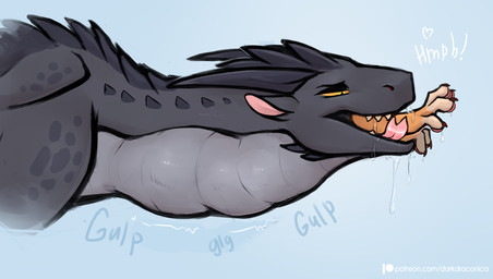 almost_fully_inside ambiguous_gender ambiguous_prey anthro anthro_prey black_body black_scales bodily_fluids cheek_spikes claws drooling duo facial_spikes female female/ambiguous female_pred feral feral_pred gulp_(sound_effect) heart_symbol licking long_neck neck_bulge neck_spikes oral_vore orange_body pawpads saliva saliva_on_arm saliva_string scales sharp_teeth soft_vore spikes spikes_(anatomy) swallowing teeth tongue vore yellow_eyes darkdraconica mythology darky_(darkdraconica) dragon mythological_creature mythological_scalie scalie 2025 digital_media_(artwork) hi_res