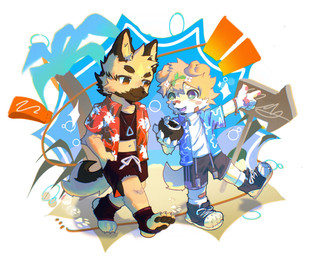 anthro beach biped black_body black_fur blue_clothing blue_jacket blue_topwear brown_body brown_eyes brown_fur clothing duo floppy_ears fur green_eyes jacket male red_clothing red_jacket red_topwear topwear walking white_body white_fur asenjian canid canine canis domestic_dog german_shepherd herding_dog mammal pastoral_dog 2025 hi_res