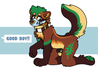 anthro chastity_cage chastity_device collar dialogue good_boy green_eyes green_hair green_pawpads hair lock male muzzle_(object) muzzled padlock pawpads solo text wearing_chastity_cage wearing_chastity_device silverzar arejay_nuki canid canine mammal raccoon_dog tanuki absurd_res english_text hi_res