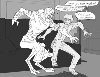 2_toes 3_fingers argument bottomwear cargo_pants carpet clothed clothing detailed_background dialogue digitigrade duo facial_markings feet female fingers footwear fully_clothed furniture head_markings male mandibles markings not_furry omnitrix pants pillow shirt shoes sneakers sofa speech_bubble t-shirt text toes topwear lumen_fox ben_10 bioware cartoon_network electronic_arts mass_effect ben_tennyson sidera_nyx alien human mammal turian absurd_res crossover english_text hi_res monochrome