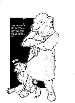 accessory animal_genitalia animal_noises anthro apron balls bdsm bondage bound claws cleaver_(weapon) clothing cock_ring collar crossed_arms dialogue duo fully_sheathed fur genitals gloves handwear hook jewelry knife leash leather male melee_weapon muzzle_(object) muzzled nude penis penis_accessory penis_jewelry rope sheath sitting smile standing text weapon whining mulefoot slop bear canid canine fox mammal black_and_white comic english_text monochrome