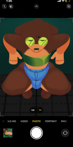 annoyed anthro big_butt bottomwear brown_body brown_fur butt camera_hud clothing denim denim_bottomwear denim_clothing denim_shorts fur glistening glistening_eyes green_eyes high-angle_view male shorts solo tan_body tan_fur text thick_thighs topwear tube_top hailey_png lucas_(hailey_png) canid canine mammal english_text hi_res