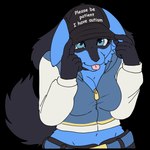 anthro blue_body blue_eyes blue_fur clothing ears_down eyeliner female fluffy fluffy_tail fur generation_4_pokemon hat headgear headwear hi_res j0lt ketzel99 lucario makeup nintendo pivoted_ears please_be_patient_i_have_autism pokemon pokemon_(species) silly silly_face solo tail tongue tongue_out wide_hips