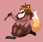 airborne_object allysia_(killy) alternate_version_at_source anthro big_breasts bottomwear bra breasts business_attire businesswear button_(fastener) button_pop canid canine chopsticks cleavage clothed clothing digital_media_(artwork) dipstick_tail distracting_watermark female food fox furgonomics hair hi_res kneeling legwear looking_at_viewer mammal markings multicolored_tail office_lady pantyhose pencil_skirt plate ponytail satanickpaws skirt smile smirk smug solo sushi tail tail_markings tail_through_skirt thick_thighs unbuttoned underwear wardrobe_malfunction watermark wide_hips