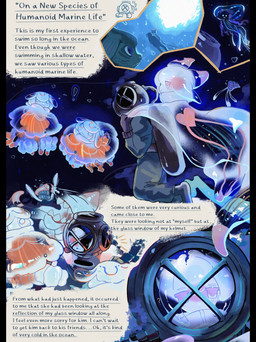 blush blush_lines diving_helmet diving_suit exclamation_point fangs group heart_symbol intersex looking_at_another male notebook orange_body oxygen_tank pencil_(object) pink_body pink_eyes question_mark sea sharp_teeth shell smile tail teeth text translucent translucent_body translucent_tail underwater water white_body rurupo aquatic aquatic_gastropod clione cnidarian gastropod human humanoid jellyfish mammal medusozoan mollusk sea_angel sea_slug slug 2026 absurd_res alternate_version_at_source comic english_text hi_res herm_(lore)