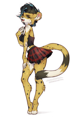 4_toes anthro barefoot biped bottomwear breasts claws clothed clothed_anthro clothed_female clothing countershade_torso countershading digitigrade feet female finger_claws fingers fully_clothed fully_clothed_anthro fully_clothed_female fur hair looking_at_viewer navel paws simple_background skirt solo spots standing tail teeth toe_claws toes tongue topwear coffeechicken felid feline mammal 2026 digital_drawing_(artwork) digital_media_(artwork) hi_res