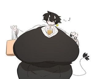 anthro beverage big_breasts breasts cleavage clothed clothing coffee female happy huge_breasts huge_thighs hyper hyper_breasts hyper_thighs solo thick_thighs olives2olivia18 bovid bovine cattle mammal hi_res