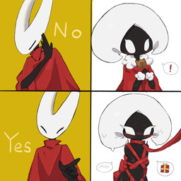 anthro bell black_body black_eyes blush blush_lines breasts christmas_clothing cloak clothing collar duo embarrassed empty_eyes exclamation_point female front_view gift_wrapped holidays leash leashed_collar red_cloak red_clothing simple_background speech_bubble text white_background white_body white_eyes yellow_background 17hornet77987 christmas drakeposting hollow_knight:_silksong hollow_knight_(franchise) team_cherry hornet_(hollow_knight) lace_(hollow_knight:_silksong) arthropod insect 1:1 hi_res meme