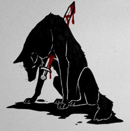 ambiguous_feral ambiguous_gender blood bodily_fluids cheek_tuft empty_eyes facial_tuft feral imminent_death melee_weapon shadow silhouette simple_background solo sword tail tuft weapon whiskers wounded heatherwolf canid canine mammal