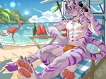 5_fingers abs anthro beach biped claws countershade_face countershade_fur countershade_torso countershading duo eyewear feral fingers food fruit fur inner_ear_fluff kemono male melon muscular muscular_anthro muscular_male pawpads pecs plant pupils purple_body purple_fur seaside slit_pupils striped_body striped_fur stripes sunglasses tail tropical tuft watermelon watermelon_slice yellow_eyes joeyzliaotang sadiend avian bird felid flamingo mammal pantherine tiger 4:3 absurd_res hi_res