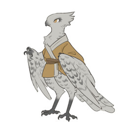 anthro barefoot beak belt black_beak black_markings chest_tuft clothing feathers feet female fluffy fluffy_chest head_tuft markings orange_clothing orange_eyes pupils simple_background solo standing tail tail_feathers talons toes tuft white_background white_body white_feathers white_pupils winged_arms wings tateoftot avian bird 1:1 hi_res