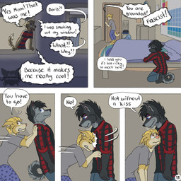 anthro barefoot bed bedroom black_hair blonde_hair blood blood_on_face blue_eyes bodily_fluids book bottomwear brown_eyes bumping clothed clothing dialogue ears_back eye_contact feet five_frame_image flannel_shirt fur furniture grey_body grey_fur grimace group hair head_bump hiding hiding_behind_object inside inviting_to_kiss kneeling logo looking_at_another looking_back male offscreen_character page_number pajamas pants pattern_clothing pattern_shirt pattern_topwear periodic_table pivoted_ears pushing scruffy shirt speech_bubble striped_clothing striped_shirt striped_topwear stripes tail text topwear trio turning_around window yelling yellow_body yellow_fur kriek_wildebeest boris_(kriek_wildebeest) jeremy_(kriek_wildebeest) tom_(kriek_wildebeest) border_collie canid canine canis collie domestic_dog herding_dog husky hybrid mammal nordic_sled_dog pastoral_dog sheepdog spitz wolf 1:1 artist_logo comic english_text hi_res multiple_scenes brother_(lore) brothers_(lore) sibling_(lore)