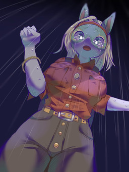 anthro backpack belt blonde_hair blue_eyes bodily_fluids bottomwear bracelet breasts clothing collared_shirt crying dress_shirt female hair head_accessory jewelry multicolored_body open_mouth pants raining shirt solo tears topwear two_tone_body wet kurumilky6 my_hero_academia ippan_josei unknown_species 2023 3:4 digital_media_(artwork)