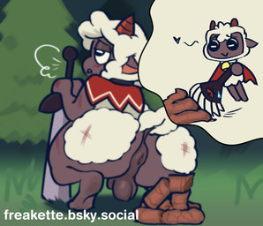 2_horns anthro anus balls big_anus big_butt black_eyes blush blush_lines breath brown_horn brush butt capelet capelet_only clothing crouching cutaway evergreen_tree feces feces_pile flaccid fur genitals grass grey_anus grey_balls grey_body grey_ears grey_penis grey_skin half-closed_eyes heart_symbol holding_melee_weapon holding_object holding_sword holding_weapon horn huge_butt male male_anthro melee_weapon mostly_nude mostly_nude_anthro mostly_nude_male narrowed_eyes nature open_mouth outside penis pine_tree plant red_capelet red_clothing scratches short_horn small_horn solo sweeping sword tail teeth text tree weapon white_body white_fur white_tail wool_(fur) freakette cult_of_the_lamb massive_monster_(studio) lamb_(cult_of_the_lamb) red_crown_(cult_of_the_lamb) bovid caprine domestic_sheep mammal sheep 2025 hi_res url