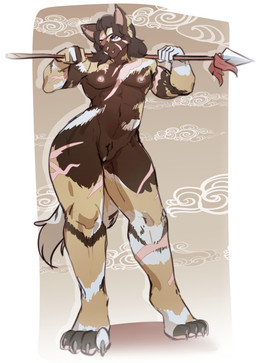 andromorph anthro biped brown_body brown_fur cocked_hip ear_piercing eye_patch eyewear female flat_chested front_view fur genitals hair holding_object holding_weapon intersex looking_at_viewer melee_weapon missing_eye muscular muscular_anthro muscular_female navel nipples nude piercing polearm scar simple_background solo spear tail thick_thighs vulva weapon wide_hips yoke_pose balnurk ava_(mightypoohead) african_wild_dog canid canine mammal absurd_res digital_media_(artwork) full-length_portrait hi_res portrait