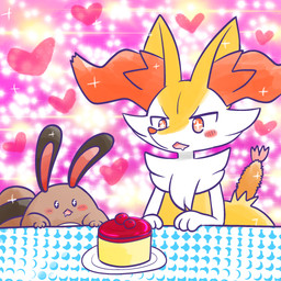 ambiguous_anthro ambiguous_feral ambiguous_gender anthro biped blush blush_stickers bodily_fluids cake dessert drooling duo feral food front_view furniture heart_symbol object_in_tail open_mouth saliva shrimp_(food) simple_background snout sparkles sparkling_eyes table tail annyui0611 nintendo pokemon braixen canid generation_2_pokemon generation_6_pokemon mammal pokemon_(species) sentret 1:1 2024 digital_drawing_(artwork) digital_media_(artwork) hi_res japanese_description translated_description