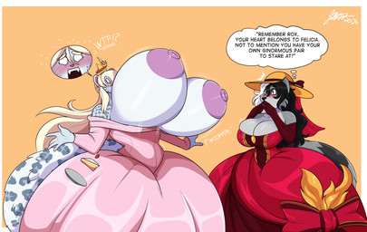 anthro big_breasts blonde_hair bouncing_breasts breast_size_difference breasts cake clothed clothing crown dessert dialogue dress dropping_object duo female fluffy fluffy_tail food fur grey_body grey_fur hair hat headgear headwear huge_breasts hyper hyper_breasts markings no_bra pink_clothing pink_dress plate spots spotted_body spotted_fur sun_hat tail text tiara wardrobe_malfunction jwinkz felid mammal pantherine procyonid raccoon snow_leopard 2026 dated english_text hi_res