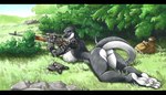 anthro bag bedroom_eyes big_breasts big_butt binoculars black_bars blue_eyes breast_rest breast_squish breasts butt curvy_figure dragunov_svd fangs female grass gun huge_breasts looking_at_viewer looking_back looking_back_at_viewer lying narrowed_eyes non-mammal_breasts nude outside plant ranged_weapon rifle seductive sharp_teeth sniper_rifle solo squish svd tail tattoo teeth text weapon ewgengster alizea_(blackie94) reptile scalie snake absurd_res english_text hi_res letterbox traditional_media_(artwork)