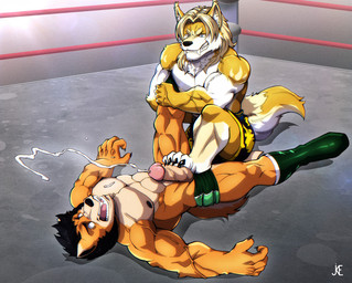 abs anthro ballbusting balls biceps bodily_fluids claws clothed clothing cock_and_ball_torture cum cum_on_chest cumshot duo ejaculation erection fight fighting_ring forced forced_orgasm genital_fluids genital_torture genitals humanoid_genitalia humanoid_penis male male/male multicolored_body muscular muscular_anthro muscular_male nipples orgasm pecs penis showing_teeth tail topless vein veiny_muscles veiny_penis wrestler wrestling kenji_blake canid canine canis mammal wolf hi_res