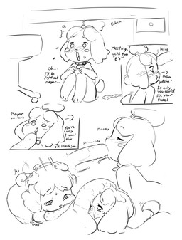 anthro arched_back balls bent_over big_penis blush bodily_fluids condom cum cum_on_face cum_on_head deep_throat dialogue duo erection eyes_closed faceless_character faceless_male fellatio female female_penetrated fur genital_fluids genitals hair hand_on_head heart_eyes heart_symbol male male/female male_penetrating male_penetrating_female messy nude open_mouth oral oral_penetration penetration penile penis penis_in_mouth saliva saliva_on_penis sex sexual_barrier_device simple_background sitting smile sweat tail tail_motion tailwag text under_table yellow_body yellow_fur scorci animal_crossing nintendo isabelle_(animal_crossing) canid canine canis domestic_dog mammal shih_tzu toy_dog comic english_text monochrome