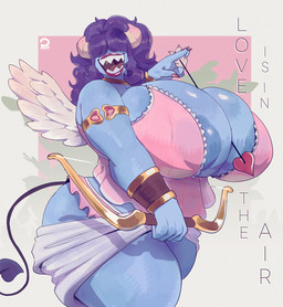 areola arrow_(weapon) between_breasts big_breasts biped blue_body bow_(weapon) breasts clothed clothing feathered_wings feathers female glistening glistening_body hair hair_over_eyes huge_breasts mature_female not_furry pink_clothing purple_hair ranged_weapon spade_tail tail thick_thighs weapon wings peculiart sue_(peculiart) devilchild humanoid hi_res