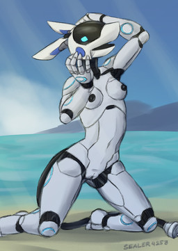 anthro areola beach black_nipples breasts female genitals holographic_eyes joints kneeling machine navel nipples open_mouth outside screen screen_eyes screen_face seaside small_breasts solo vulva water sealer4258 se-4258 android robot hi_res