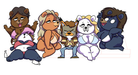 anthro belt_buckle big_butt bikini blonde_hair blush blush_lines bottle breast_on_head breasts brown_hair buckle butt clothing container drunk eyebrows fat_arms fat_belly female fluffy fluffy_hair furrowed_eyebrows gesture group hair hand_on_belly hand_on_hip hand_on_leg hand_on_own_leg harem holding_partner kneeling_on_sofa long_hair looking_at_viewer makeup male mascara messy_hair mullet overweight overweight_female raised_eyebrow shrug simple_background skinny_male smile smiling_at_viewer smirk smirking_at_viewer substance_intoxication swimwear tail thick_thighs topwear two-piece_swimsuit vest bbqnboots40 rusty_(bbqnboots40) bear black_bear brown_bear canid canine canis coyote giant_panda grizzly_bear mammal polar_bear ursine cel_shading hi_res shaded sketch