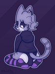 anthro butt clothing femboy fur grey_body grey_fur hair hoodie legwear long_hair male solo tail thigh_highs topwear mowxkitten luckit domestic_cat felid feline felis mammal hi_res