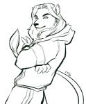 anthro biped clothing crossed_arms fur gesture hand_gesture hoodie inner_ear_fluff leaning leaning_backward long_tail looking_at_viewer male round_ears side_view simple_background smile solo standing street tail tail_tuft topwear tuft uncolored_clothing uncolored_eyes v_sign white_background spearfrost terril felid lion mammal pantherine 2010 black_and_white digital_drawing_(artwork) digital_media_(artwork) line_art monochrome portrait three-quarter_portrait