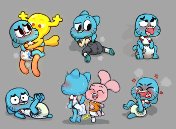 anthro blush bodily_fluids butt_slap crying diaper diaper_fetish embarrassed female group male male/female slap spanking tears trio young tenerius cartoon_network the_amazing_world_of_gumball anais_watterson gumball_watterson penny_fitzgerald hi_res
