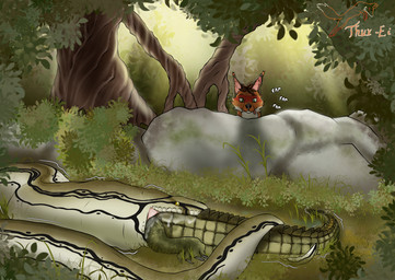 ambiguous_gender anthro bodily_fluids eating feral forest group jungle looking_pleasured male masturbation nature nature_background plant saliva saliva_string stealth_masturbation swallowing tree trio vore voyeur thux-ei thux canid canine crocodile crocodilian fox mammal python reptile reticulated_python scalie snake hi_res