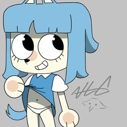animal_ears anthro belly black_nose blue_clothing blue_dress blue_hair clothed clothing clothing_lift dress dress_lift female hair looking_away navel paws pupils simple_background smile solo standing tail underwear young young_anthro young_female kunshikter tasqyn_studio sulu_(kunshikter) 1:1 signature