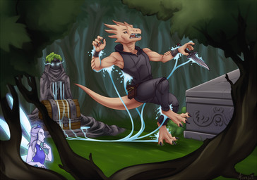 3_toes 4_fingers anthro bound claws clothed clothing dagger detailed_background digitigrade duo feet female fingers flying forest fully_clothed grass horn insect_wings magic male melee_weapon open_mouth plant toe_claws toes tree weapon wings wraps wrist_wraps razrroth karesha fairy humanoid kobold reptile scalie winged_humanoid