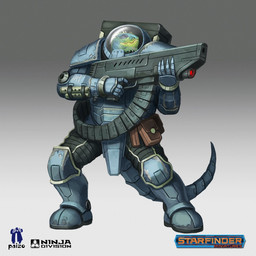 ambiguous_gender ammo_belt anthro armor backpack boots clothed clothing footwear gloves gun handwear holding_gun holding_object holding_ranged_weapon holding_weapon pauldron ranged_weapon science_fiction shoes simple_background solo spikes standing text weapon white_background unknown_artist paizo starfinder_(rpg) alien reptile scalie vesk 1:1 digital_media_(artwork) digital_painting_(artwork) english_text hi_res official_art painting_(artwork)