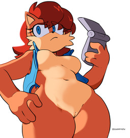 anthro blue_eyes bodily_fluids bottomless breasts brown_body brown_fur casual_exposure clothed clothing eyelashes featureless_breasts female fur genitals hair multicolored_body multicolored_fur navel red_hair simple_background solo sweat tan_body tan_fur two_tone_body two_tone_fur vulva quavernsfw sega sonic_the_hedgehog_(series) sally_acorn mammal rodent sciurid tree_squirrel 2025 absurd_res hi_res