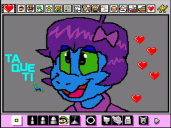 anthro art_program_in_frame blue_body blue_skin bow_ribbon clothing female green_sclera grey_background heart_symbol open_mouth screencap simple_background solo toony rodricoro mario_paint taqueti dinosaur prehistoric_species reptile scalie bust_portrait digital_media_(artwork) dithering mario_paint_(artwork) portrait