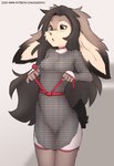 anthro armor black_hair chainmail female freckles fur hair long_hair open_mouth short_tail simple_background solo tail tan_body tan_fur text tying elronya ronya suvi_(elronya) lagomorph leporid mammal rabbit hi_res portrait three-quarter_portrait url