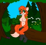 anthro bedroom_eyes breasts canid canine digital_media_(artwork) enwood-the-fox fantasy female forest fox hild_westervyan log mammal medieval narrowed_eyes nipples nude on_log outside plant seductive sitting solo the_blue_cult tree wood