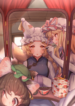 applying_makeup blonde_hair blush bonnet breasts brown_hair clothed clothing dress ear_piercing ear_ring female female_pov first_person_view gloves green_clothing green_headwear group hair handwear headgear headwear inner_ear_fluff looking_at_mirror looking_at_object makeup mirror mobcap multi_tail open_mouth orange_eyes personal_grooming piercing purple_eyes red_eyes reflection ring_piercing tail trio tuft white_clothing white_dress white_gloves white_handwear white_headwear masanaga_(tsukasa) touhou chen_(touhou) ran_yakumo yukari_yakumo animal_humanoid canid canid_humanoid canine canine_humanoid cat_humanoid felid felid_humanoid feline feline_humanoid fox_humanoid human humanoid mammal mammal_humanoid absurd_res hi_res