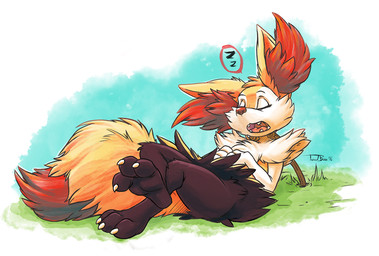 3_fingers 3_toes ambiguous_gender anthro black_body black_fur cheek_tuft chest_tuft claws crossed_legs dipstick_tail eyes_closed facial_tuft fangs feet fingers fur grass inner_ear_fluff markings open_mouth orange_body orange_fur orange_nose outside plant semi-anthro sleeping solo sound_effects stick tail tail_markings teeth toes tuft vowelless vowelless_sound_effect white_body white_fur yellow_body zzz teaselbone nintendo pokemon braixen canid canine fox generation_6_pokemon mammal pokemon_(species) 2016 dated signature