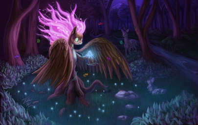 alternate_species detailed_background feathered_wings feathers female feral forest fur glowing glowing_eyes glowing_hair grass group hair insect_wings log mane markings mountain nature outside plant river rock solo_focus spots spotted_body spotted_fur tree water wings wood yellow_body yellow_feathers tsitra360 friendship_is_magic hasbro my_little_pony mythology fluttershy_(mlp) arthropod butterfly deer dryad equid equine hybrid insect lagomorph lepidopteran leporid mammal mythological_creature mythological_equine pegasus rabbit 2012 hi_res