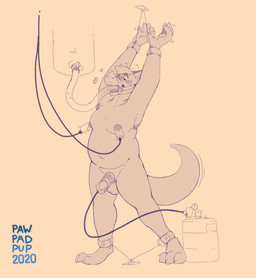 3_toes 4_fingers ankle_cuffs anthro balls bdsm belly bodily_fluids bondage bound breast_milking claws cuff_(restraint) cum erection feet fingers fur genital_fluids genitals hair lactating machine male male_lactation milking_machine muzzle_(object) muzzled nude open_mouth penile penis penis_milking restraints shackles simple_background solo text toe_claws toes wrist_cuffs pawpadpup ves kobold mammal scalie 2020 digital_drawing_(artwork) digital_media_(artwork) english_text hi_res